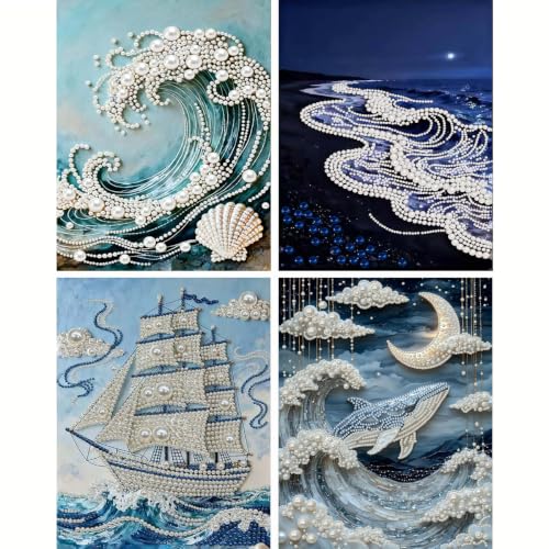 4 Packs Pearl Diamond Painting Kits for Adults Waves Sailboats 12 x 16 inch | Sea Wave Design, Diamond Art by Numbers, Special Shape Pearl Dots, DIY, Home Wall Decor - color: HL072-HL6682