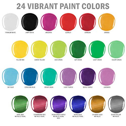 U.S. Art Supply Professional 24 Color Outdoor Acrylic Paint Set, 2oz Bottles, with 7 Brush Kit - Vivid Colors for Painting Canvas, Rocks, Wood Crafts, Toys