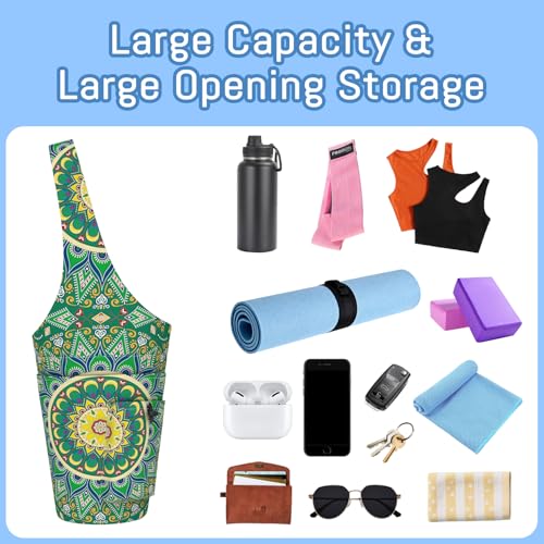 Mandala Yoga Mat Bag with Large Waterproof Zipper Pocket and Drawstring Pocket Long Tote Yoga Mat Carrier Holder Bags Fit Most Size Mats - color: Green