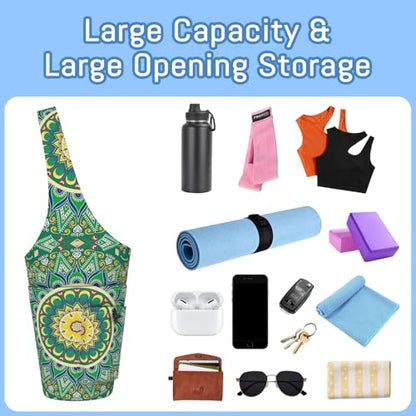 Mandala Yoga Mat Bag with Large Waterproof Zipper Pocket and Drawstring Pocket Long Tote Yoga Mat Carrier Holder Bags Fit Most Size Mats - color: Green