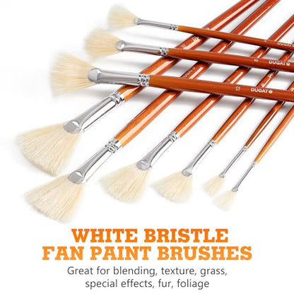 DUGATO Hog Hair Fan Paint Brush Set, 9-Piece Long Handle Brushes | Comfortable Wood Handle for Ceramic Pottery Glazing & Painting, Ideal for Acrylic & Oil, Smooth Blending & Texture Effects - size: 9pcs Fan Brushes