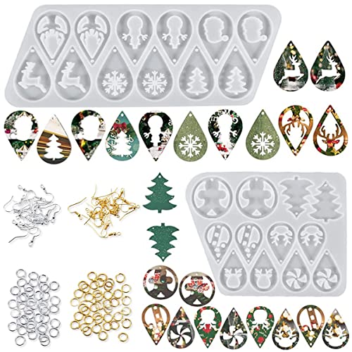 12 Pair Christmas Earring DIY Mold Resin Silicone with Earring Hooks Ring Earring Casting Mold for Christmas Tree Elk Snowflake Resin Earring Keychains Epoxy Craft Xmas Making Kit