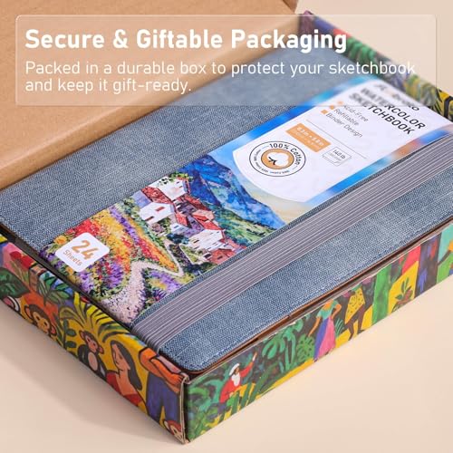 Watercolor Sketchbook A5 (8.3" x 5.8"), 24 Sheets 100% Cotton Cold Press 300GSM 140LB, Refillable Paper with Dual-Sided Consistent Texture, for Watercolor, Gouache, Acrylic & Mixed Media - color: Black