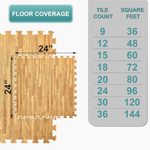 Sorbus Interlocking Wood Grain Foam Floor Tiles (30 Pack, Light) | 3/8-inch EVA floor mats with borders suit playrooms, basements and home gyms, plus trade show flooring and dance areas. - color: Wood Grain - Light, size: 30 Pack