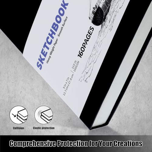 Hardcover Sketchbook 5×7 in, 180 GSM, 80 Sheets/160 Pages, Black | Acid-Free Heavy Paper, Pu Cover, Perforated Pages, Elastic Closure, Back Pocket, for Drawing & Sketching - size: 5×7 Inch (1 Pack)