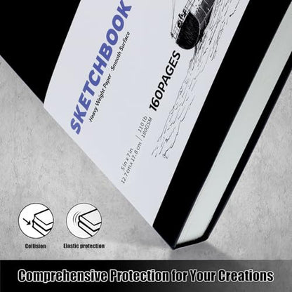 Hardcover Sketchbook 5×7 in, 180 GSM, 80 Sheets/160 Pages, Black | Acid-Free Heavy Paper, Pu Cover, Perforated Pages, Elastic Closure, Back Pocket, for Drawing & Sketching - size: 5×7 Inch (1 Pack)