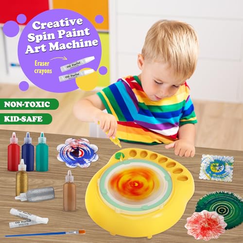 Spin Art Machine for Kids, Paint Spinner Arts & Crafts Gift Kit, Ages 4-12 | Includes machine, 36 artboards, 7 washable paints & splatter guard. Easy-clean, screen-free STEAM gift for girls & boys - color: Green