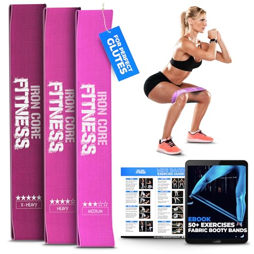 Fabric Mini Resistance Bands Sets for Trainers, Bootcamp, Gym for Men and Women in Fun Colors - Ebook, Videos and Workout Chart Included by Iron Core Fitness - color: #1 Pink, 3 x Various Levels