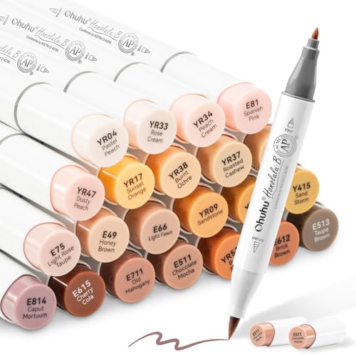 Ohuhu Alcohol Markers 24 Skin Colors Brush& Fine for Portrait Refillable | AP Certified Art Marker, Dual Tips Alcohol-based for Artist Beginner Adult Coloring Drawing Illustration Shading, Honolulu B - style: Fine & Brush