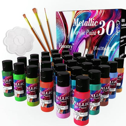 Metallic Acrylic Paint Set of Premium 30 Colors, Professional Grade Metallic Paint with 1fl oz（30ml） Bottles, Non-Toxic, Rich Pigments - For Artists, Hobby Painters, Kids