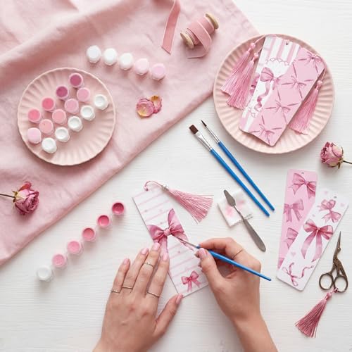 Kosiz 12 Pcs Pink Bow Paint by Number Kit for Adult Wood Bookmark | Mini Paint by Numbers Kit, Painting Decor, Tiny Tassels Blank Bookmarks, for Small DIY Craft Book Lovers Gift 7x2 '' - style: Pink Bow