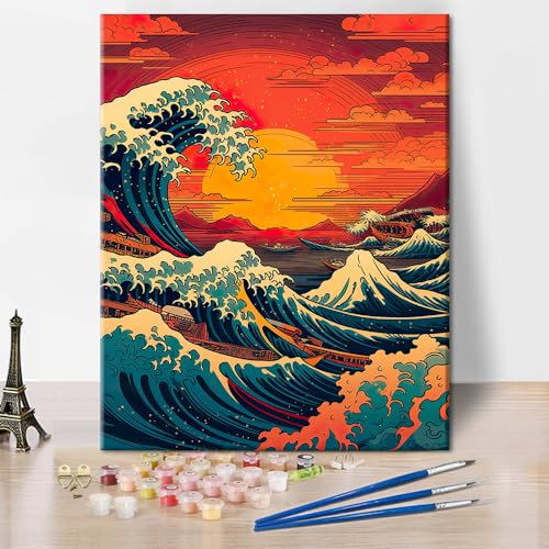TUMOVO Japan Landscape Adult Paint by Number Kit Big Waves | Japan big waves 16x20 inch canvas art kit, relaxing offline hobby with acrylic paints, 3 brushes and easy numbered guide. - color: Wave