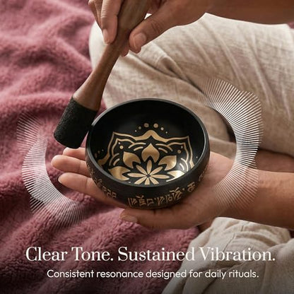 Silent Mind Tibetan Singing Bowl Set – Easy to Play & Beginner Friendly Meditation Bowl with Cushion & Mallet | Stress Relief & Mindfulness | Gift-Ready - color: Coal Black, size: Without Case
