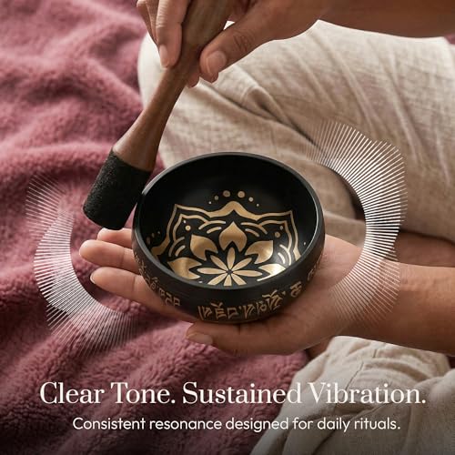 Silent Mind Tibetan Singing Bowl Set – Easy to Play & Beginner Friendly Meditation Bowl with Cushion, Mallet & Case | Stress Relief & Mindfulness | Gift-Ready - color: Coal Black, size: With Case
