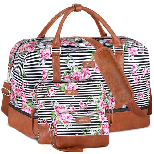 IBFUN Weekender Bags for Women, 21" Travel Duffle Bag with Shoe Compartment - color: B5-Black Stripe