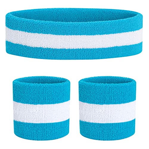 ONUPGO Sweatband Set Sports Headband Wristband Set Sweatbands Terry Cloth Wristband Wrist Sweatband Headbands Moisture Wicking Sweat Absorbing Head Band - color: Neon Blue/White/Neon Blue