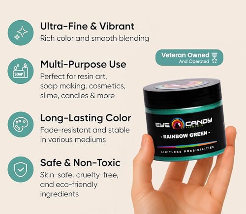 Eye Candy Pigments Premium Green Mica Powder - Rainbow Green (50gr) - for Epoxy, Resin, Soap, Paint, Woodworking, Acrylic Pouring, Bath Bombs, Fishing Lures - DIY Arts and Crafts Additive - color: Rainbow Green