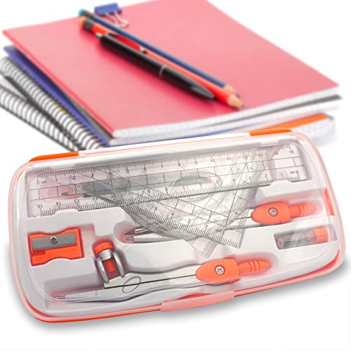 Akuoly Geometry Compass Set 2 Drafting Compasses with Maths Protractor Set Squares Ruler and More for Students Starters Homework etc. Orange