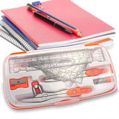 Akuoly Geometry Compass Set 2 Drafting Compasses with Maths Protractor Set Squares Ruler and More for Students Starters Homework etc. Orange