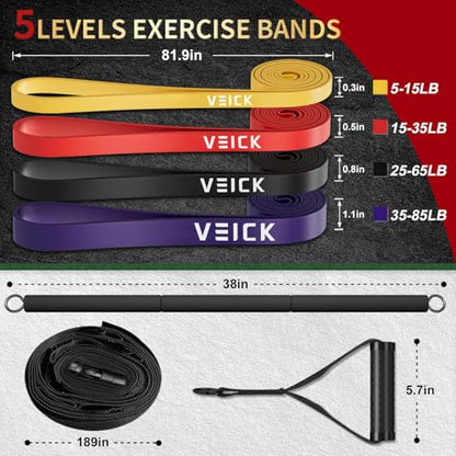VEICK Pull Up Assist Resistance Bands for Home Gym | 100% Natural Latex, Non Slip Leather Texture, Space Saving, Full Body Training for Men Women - color: Colorful Set of 4 + Pilates Bar