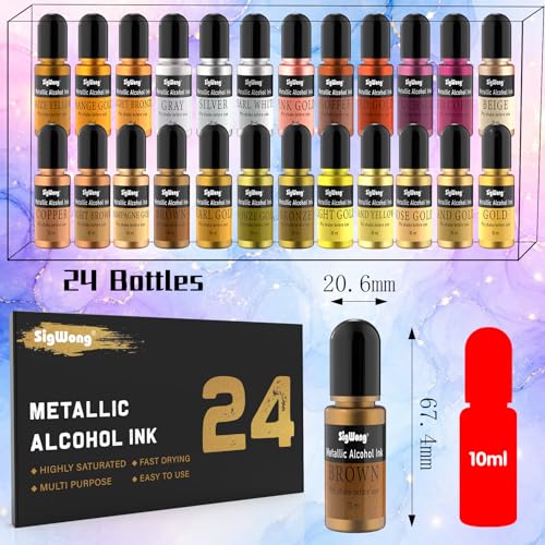 Metallic Alcohol Ink Set - 24 Colors, 10ml Each, Shimmer Mixatives for Resin, Yupo, Coaster, Painting, Tumbler Cup Making