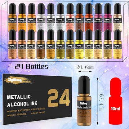 Metallic Alcohol Ink Set - 24 Colors, 10ml Each, Shimmer Mixatives for Resin, Yupo, Coaster, Painting, Tumbler Cup Making
