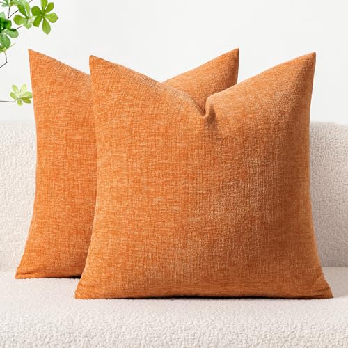 MIULEE Soft Chenille Fall Throw Pillow Covers Orange 16x16 Inch Pack of 2 | Modern Fall Home Decor, Classic Decorative Pillows, Solid Dyed Cases, Boho Couch Cushion Covers for Sofa Bed Living Room - color: Orange, size: 16" x 16" (Pack of 2)