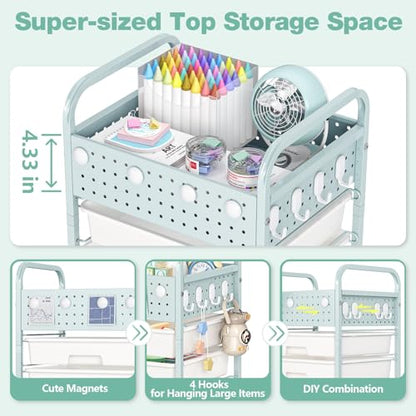 SYKIARIOL Drawer Rolling Storage Cart with Pegboard Top and Hooks, Green, 4-Drawers - color: Green, size: 4-Drawers