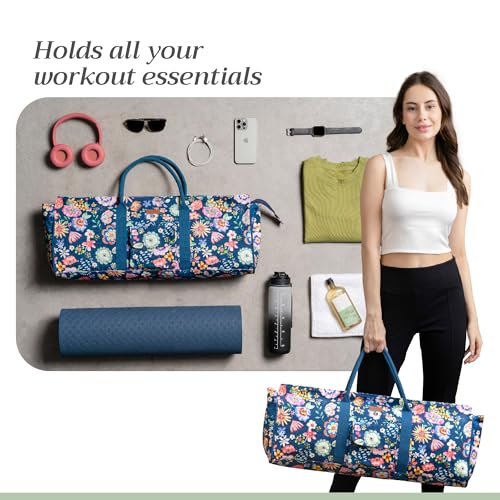 Maison d' Hermine Yoga Mat Duffle Bag Gym Tote Yoga Mat Carry Bag | Cylindrical bag for Woman Men Gifts Adjustable shoulder straps with Drawstring Water Bottle Pocket and zipper pocket - color: Happy Florals - Blue, style: Yoga Mat Tote