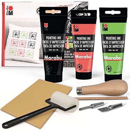 Marabu Block Printing Kit - Linocut with 3 x 100ml Ink, Cutter, Rubber Block, and Brayer Roller Linoleum Printmaking Kit, Starter 6pc Set, Multicolor