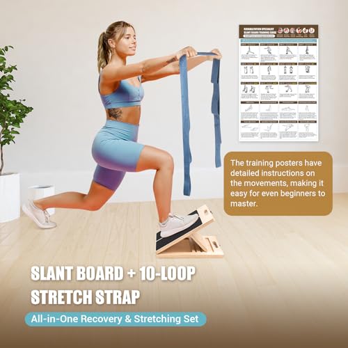 Slant Board Calf Stretch with Stretch Strap, 300 lb Portable Incline Board