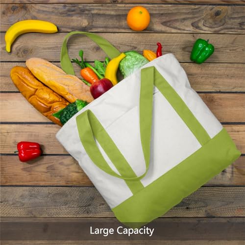 TOPDesign 1-Pack Canvas Tote Bag with an External Pocket, Reusable Grocery Shopping Bag, Top Zipper Closure, Daily Essentials (Light Green/Natural) - color: Light Green/Natural