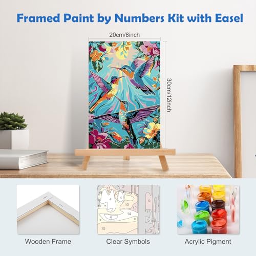 MOGTAA Paint by Numbers Kit for Adults with Frame, Hummingbird Paint by Number Canvas, Flowers Scenery Paint by Numbers with Easel, DIY Lanscape Oil Painting Kit for Home Wall Decor 8 x 12 Inch - color: Hummingbird