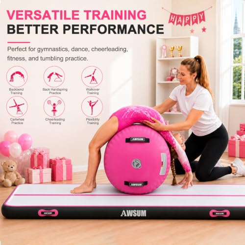AWSUM Inflatable Gymnastics Mat with Air Roller Barrel Tumbling Equipment - color: Pink/Black+Pink Roller, size: 10ft*3.3ft*4in&(L)40in*(Diam)23.6"