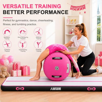 AWSUM Inflatable Gymnastics Mat with Air Roller Barrel Tumbling Equipment - color: Pink/Black+Pink Roller, size: 10ft*3.3ft*4in&(L)40in*(Diam)23.6"