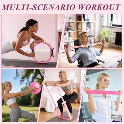 Pilates Ring and Small Ball Set for Women with 5 Resistance Bands, 14 inch Magic Circle Home Workout Essentials Starter Kit for Beginners, Yoga Sets for Full Body Toning Shape