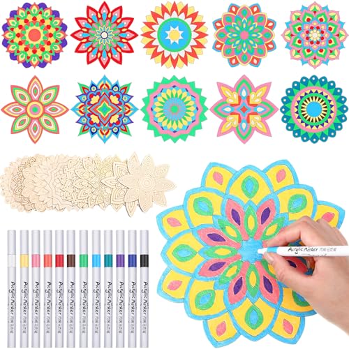 Vercraft 22 Pcs Wooden Mandala Painting Set 10 Mandala Unfinished Wood Cutouts with 12 Markers for Crafts Diwali Craft Wood Slices for Adults Painting DIY Tags Wedding Home Decors(Artsy Style) - color: Artsy Style