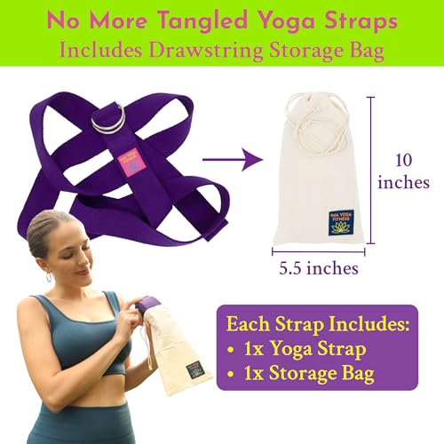 Extra-Wide 2 Inch Cotton Yoga Strap: Stretching, Physical Therapy, Exercise | Slip-free steel D-rings; adjustable; non-slip; 8 & 10 ft lengths; storage bag + e-book; hamstring & legs; flexibility & rehab - color: Purple, size: 10 feet