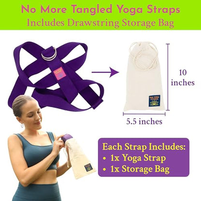 Extra-Wide 2 Inch Cotton Yoga Strap: Stretching, Physical Therapy, Exercise | Slip-free steel D-rings; adjustable; non-slip; 8 & 10 ft lengths; storage bag + e-book; hamstring & legs; flexibility & rehab - color: Purple, size: 10 feet