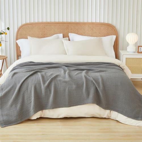 EMME Muslin Blankets for Adults Throw Blanket for Couch Breathable Gauze Soft Lightweight Airy Grey Queen 90" x 90" - color: 06 - Grey, size: Queen (90" x 90")
