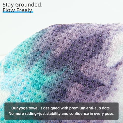 YESLIFE Non-Slip Yoga Towel, 72"x24", Purple | Microfiber yoga mat towel, grip dots, sweat absorbent, hot yoga Pilates workout, includes sweat towel, Purple - color: Green&purple