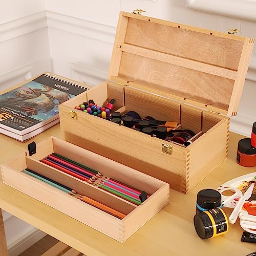 VISWIN 16"x8"x6" Large Art Storage Box, Double-Layered Solid Beech Wooden Tool Box for Art Supplies, Wooden Tool Box for Paint Brush, Pen, Pastel, Paining Supplies - size: Two layers