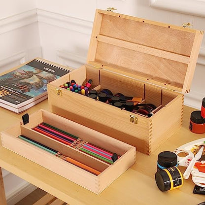 VISWIN 16"x8"x6" Large Art Storage Box, Double-Layered Solid Beech Wooden Tool Box for Art Supplies, Wooden Tool Box for Paint Brush, Pen, Pastel, Paining Supplies - size: Two layers
