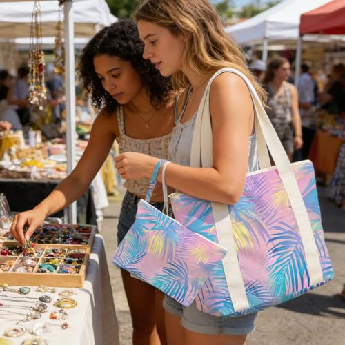 IAXIC Waterproof Tote Bag and Wet Bag Set, Summer Pattern Design for Beach Travel Gym Holiday Gifting - color: Pastel Tropical Palm Leaf