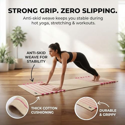 Indian Handmade100 % Organic Anti Skid Multi Colour Cotton Yoga Mat - Eco-Friendly Hand-Woven Rug - Non-Slip & Thick (24”x72”x5mm) for Hot yoga & Everyday Fitness at Home - Comfortable & Foldable Extra-Long Mat - color: Multi 14