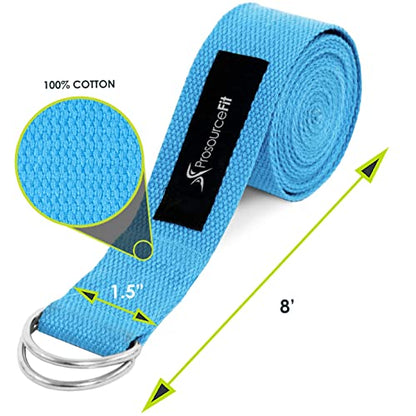 ProsourceFit Metal D-Ring Yoga Strap 8’ Durable Cotton for Stretching and Flexibility - color: Aqua