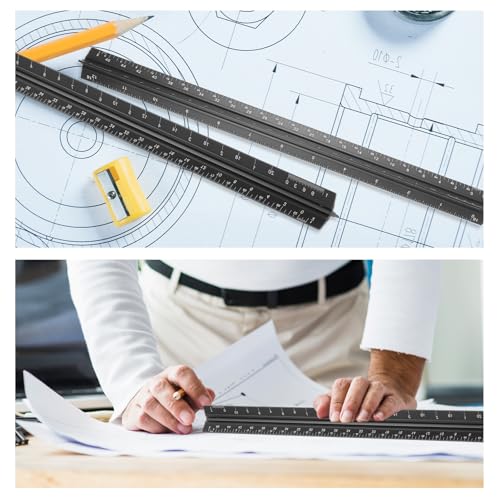10 Pcs Architectural Scale Ruler 12" Imperial Architect Engineers Scale Triangular Ruler Aluminum Alloy Metal Triangle Drafting Rulers Measuring Tools for Architect Engineer Draftsman Artists (Black)