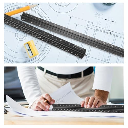 10 Pcs Architectural Scale Ruler 12" Imperial Architect Engineers Scale Triangular Ruler Aluminum Alloy Metal Triangle Drafting Rulers Measuring Tools for Architect Engineer Draftsman Artists (Black)