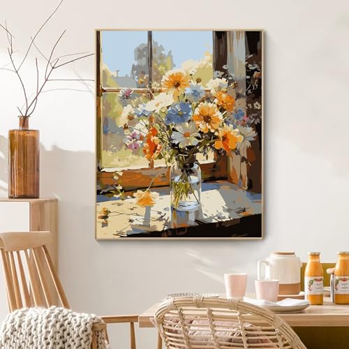 PRASIO Paint by Numbers Kit for Adults Beginner, Flower Easy Adult Paint by Number Kits on Canvas, DIY Acrylic Watercolor Oil Paint by Number for Adults for Home Decor Gift 16x20 Inch - color: XM-OP-WindowsillFlower01-4050