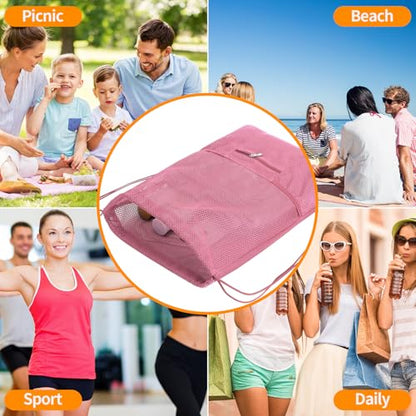 NATURAL STYLE Mesh Drawstring Backpack Bag, Gym Sports Bag with Zipper Pocket Bottle Holder, String Beach Bag for Swiming Travel (Pink) - color: Pink